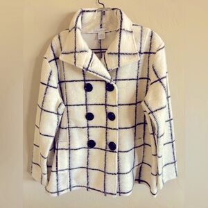 Keren Hart Women's Double Breasted White and Black Plaid Coat Sz M